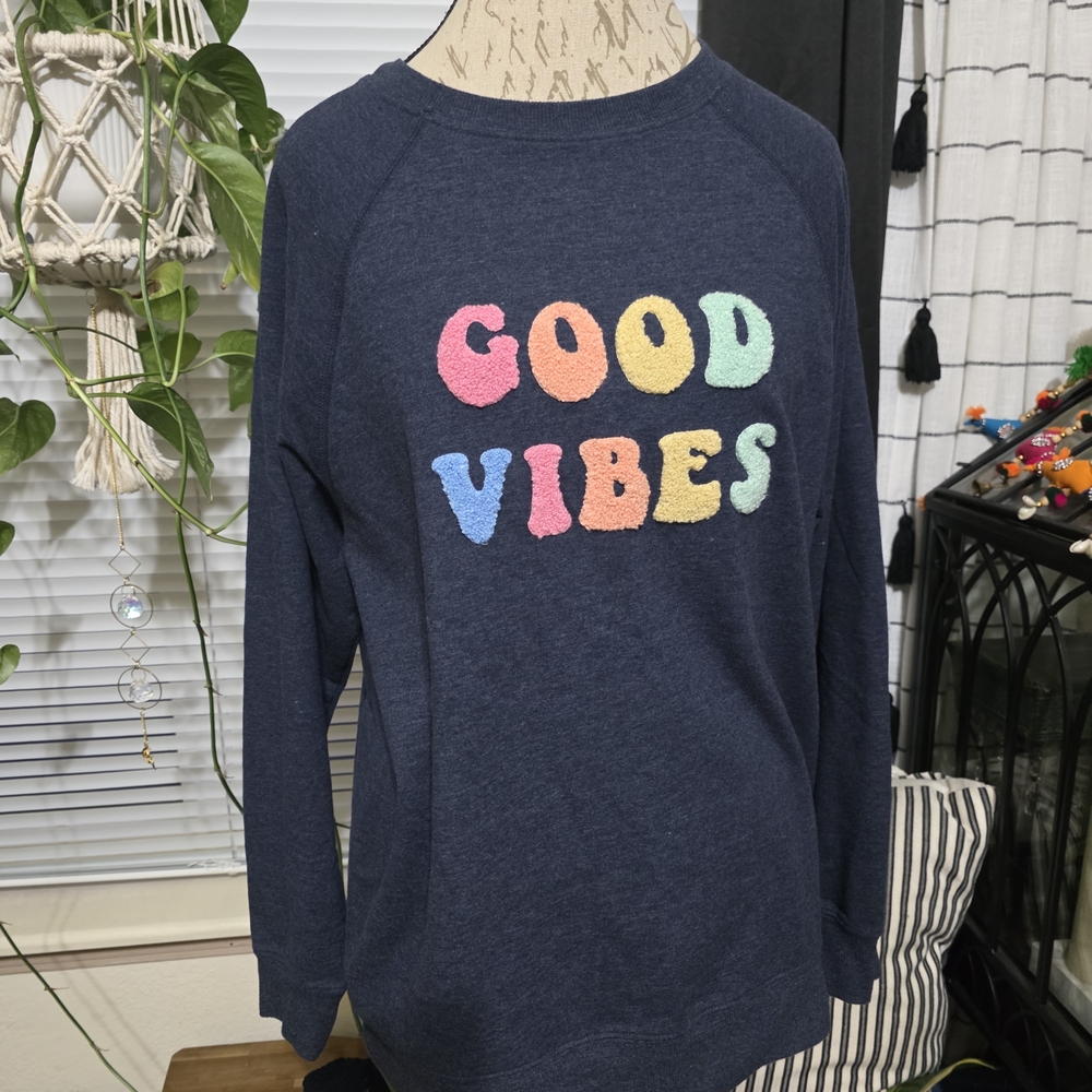 Wildfox Navy Embroidered Good Vibes Soft Cozy Sweatshirt